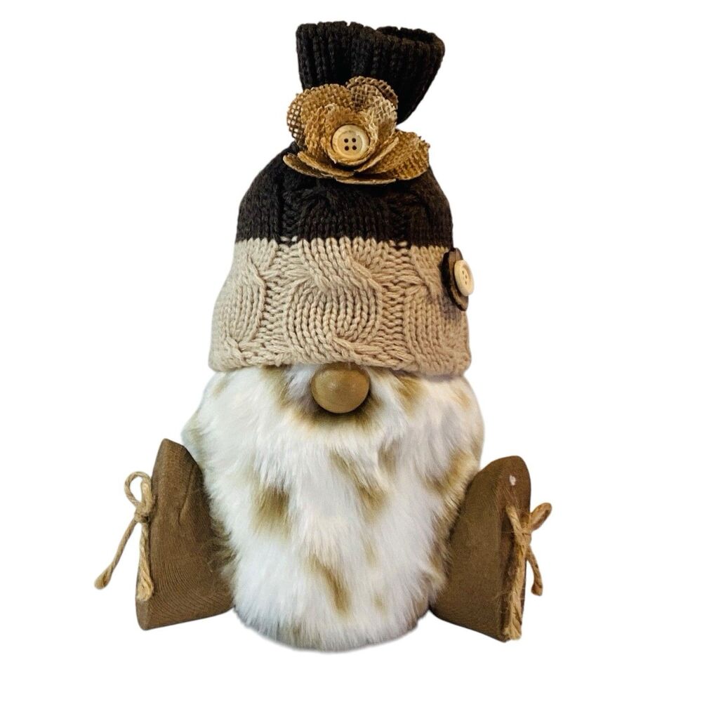 Winter Gnome Knitted Flower Cap Beige  Brown Sitter Plush Handmade Measures 10”